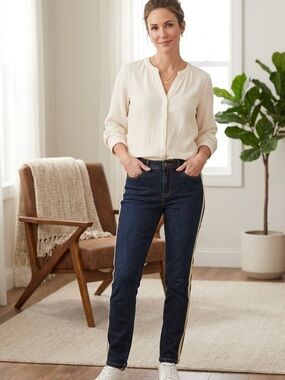 Soft Surroundings Dark Blue Skinny Jeans with Cream Side Stripe